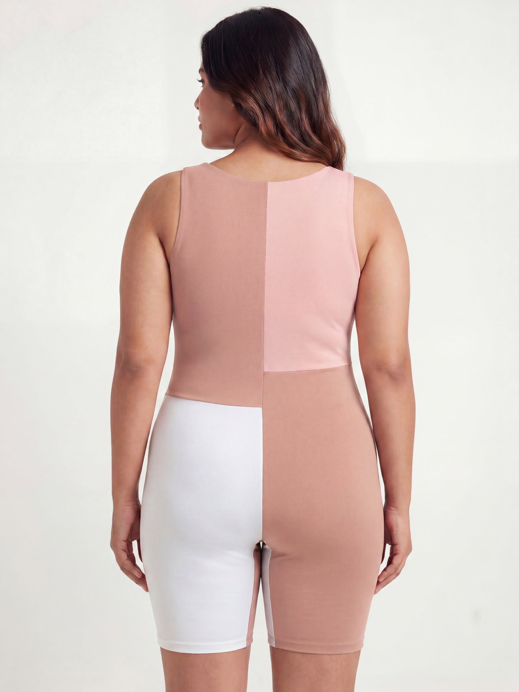 Three-Tone Padded Above-Knee Colour Block Swimsuit
