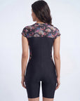 Oriental Print High-Neck Front-Zip Cap Sleeve Swimsuit
