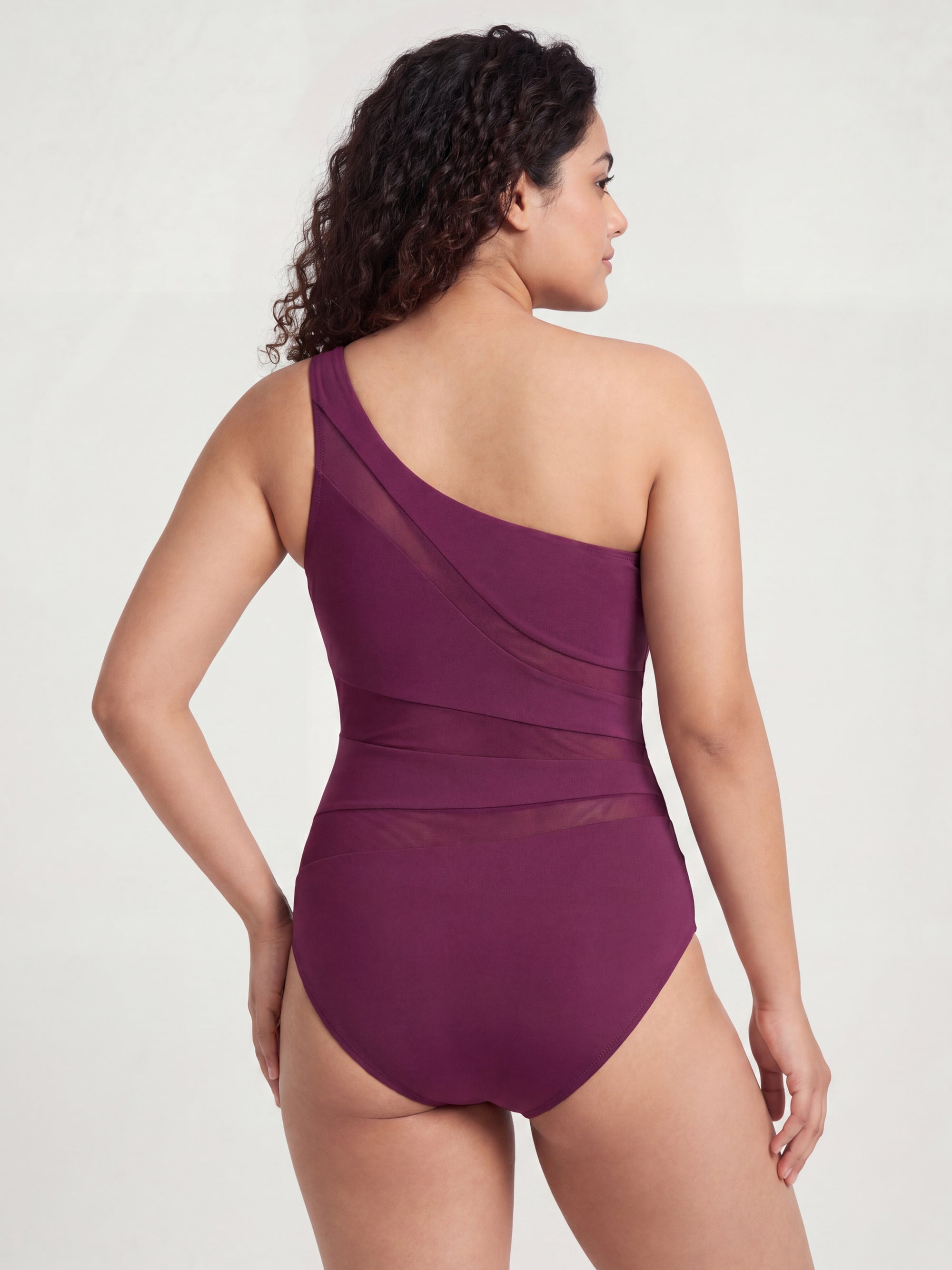 One-Shoulder Mesh Panel Monokini with Removable Padding