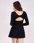 Full Sleeves V-neck Mid Thigh Length Swim Dress with Attached Shorts- AQS-9