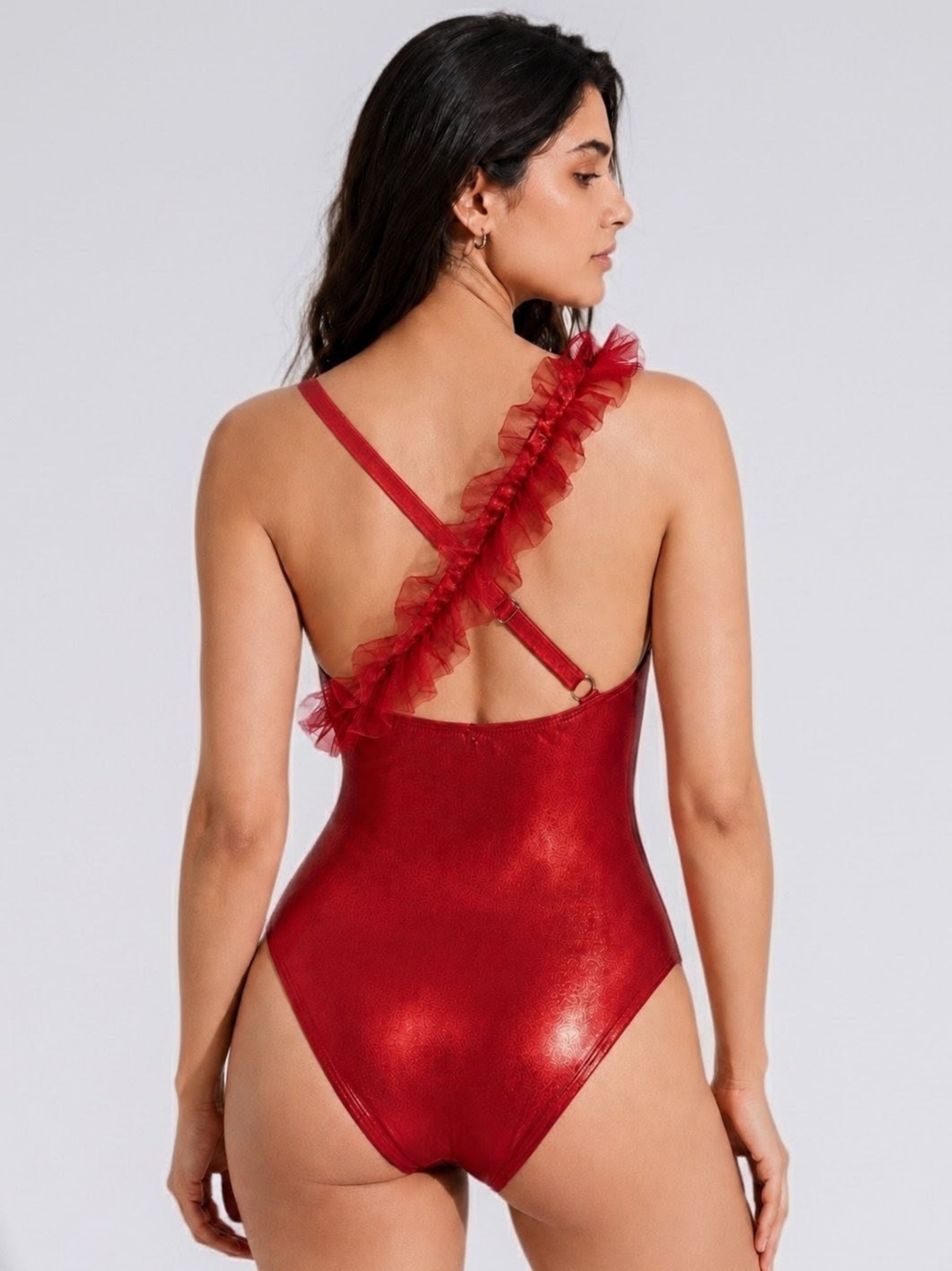 One-Shoulder Diagonal Ruffle Shimmer Monokini