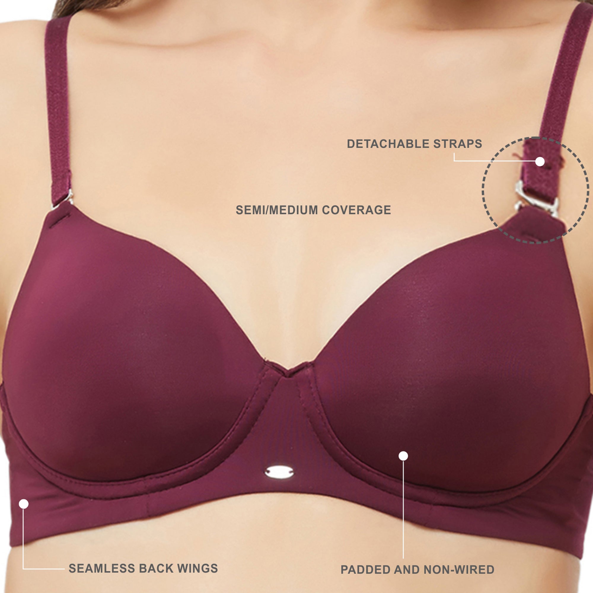 Semi/Medium Coverage Padded Non Wired T-shirt Bra with Detachable Straps-CB-125