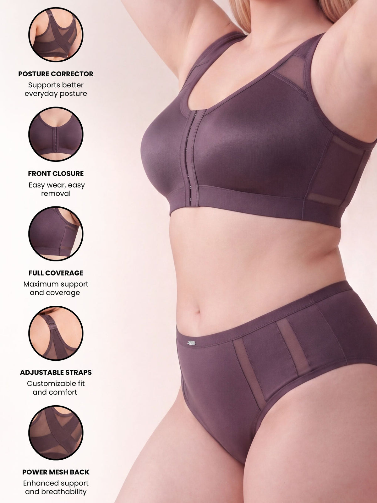 Front Closure Full Coverage Non Padded Non Wired Bra with High Waist Full Coverage Ultra Soft Mesh Panel Brief