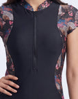 Oriental Print High-Neck Front-Zip Cap Sleeve Swimsuit