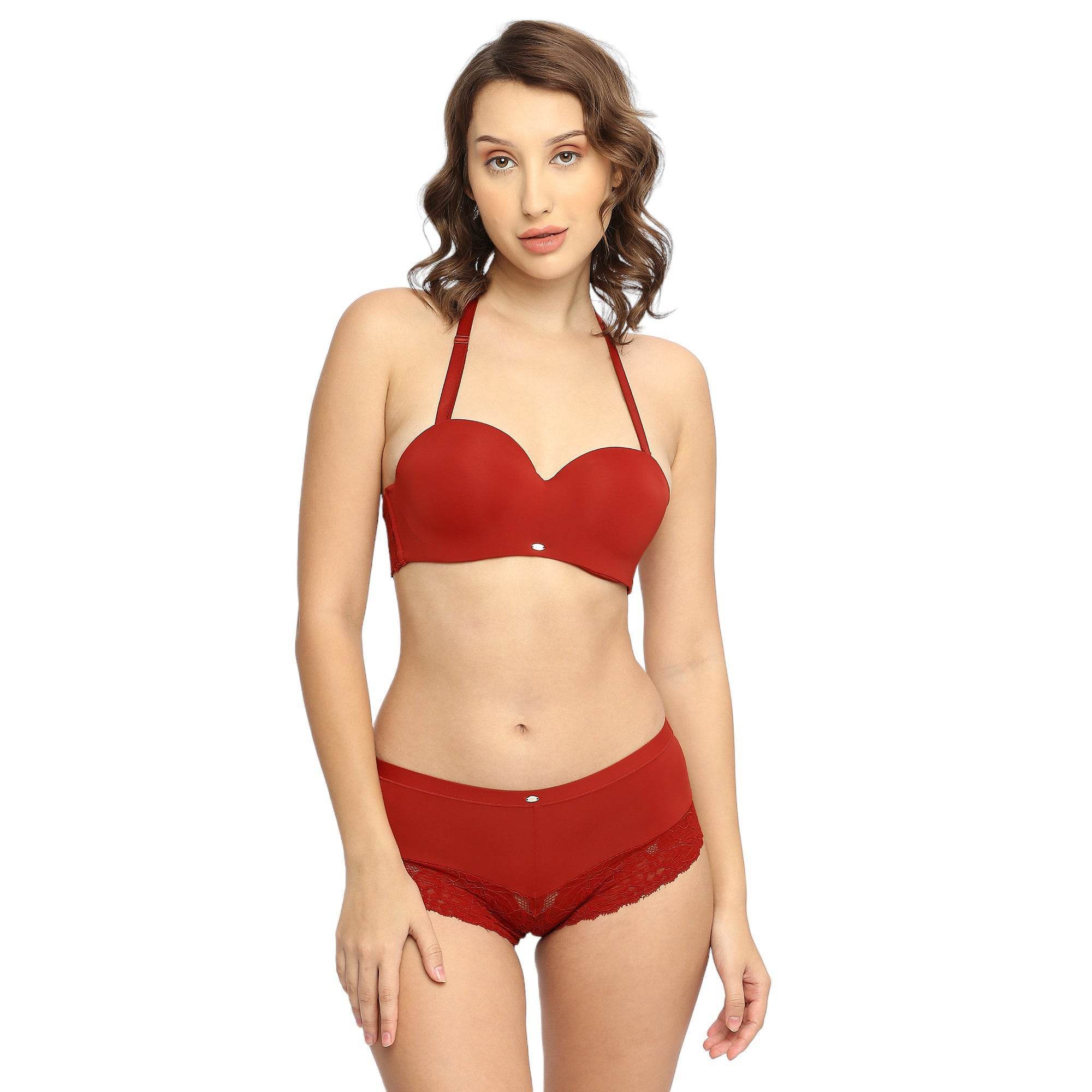 SOIE Woman - Medium Coverage Padded Wired Lacy Bra with Mid Rise Medium Coverage Lace Shorty Cheeky Panty - -for Women