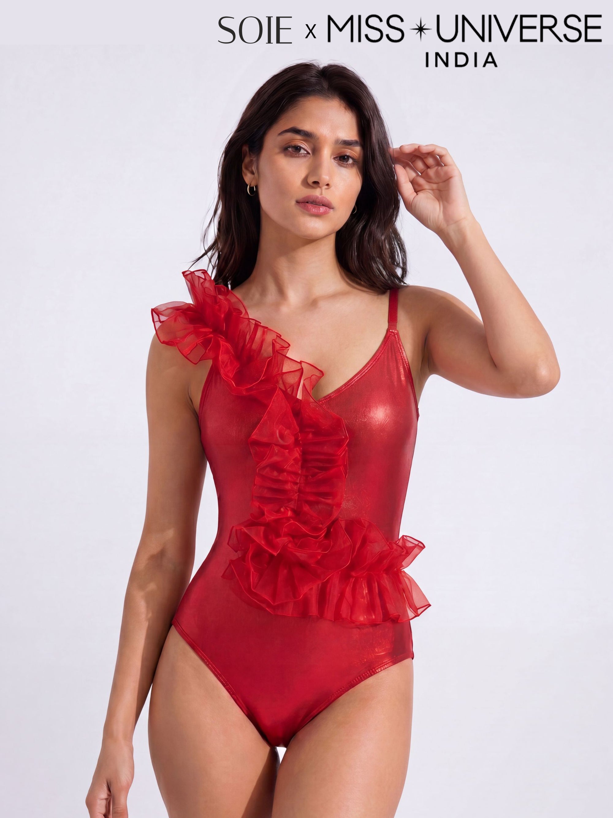 One-Shoulder Diagonal Ruffle Shimmer Monokini