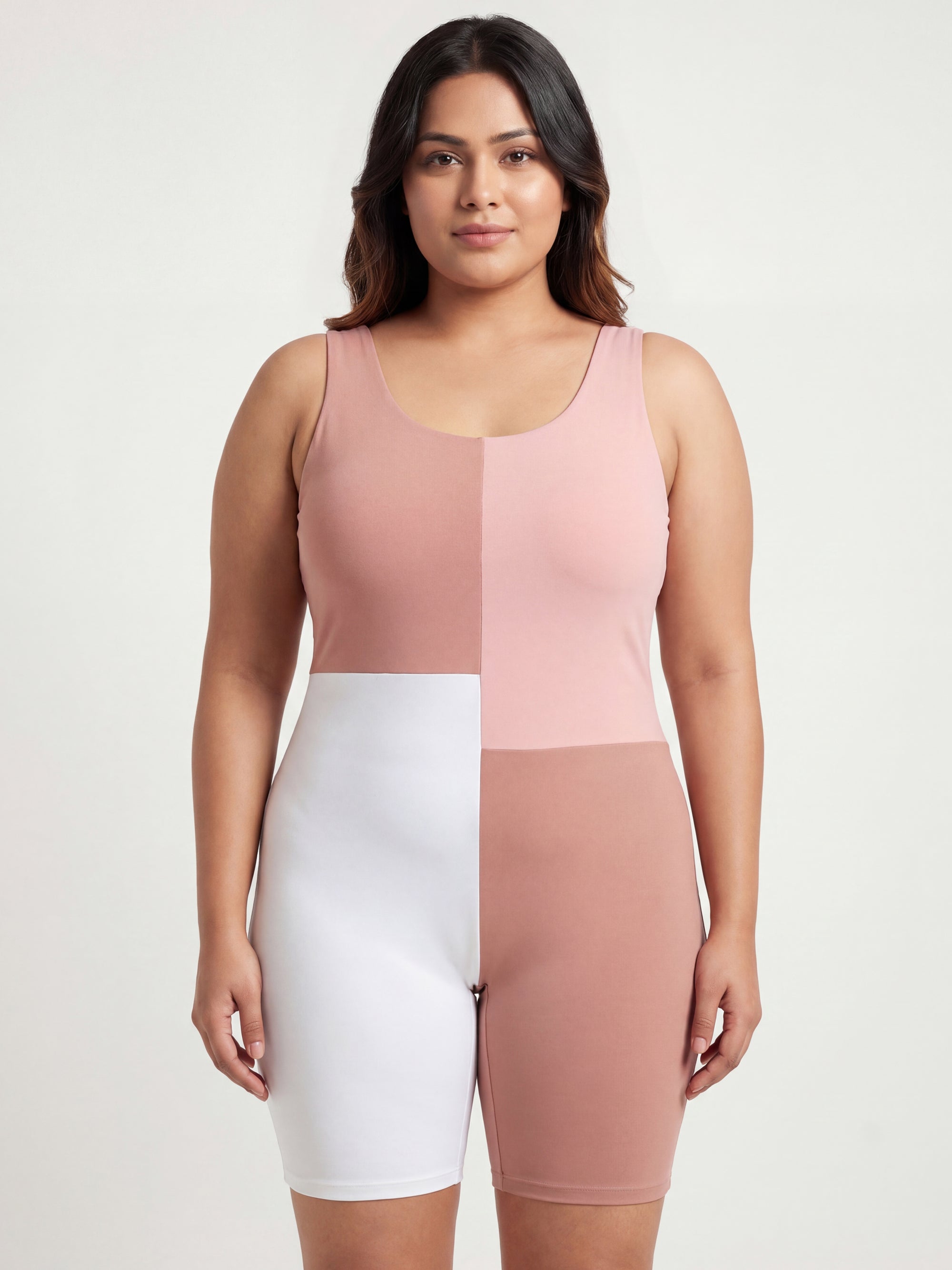 Three-Tone Padded Above-Knee Colour Block Swimsuit