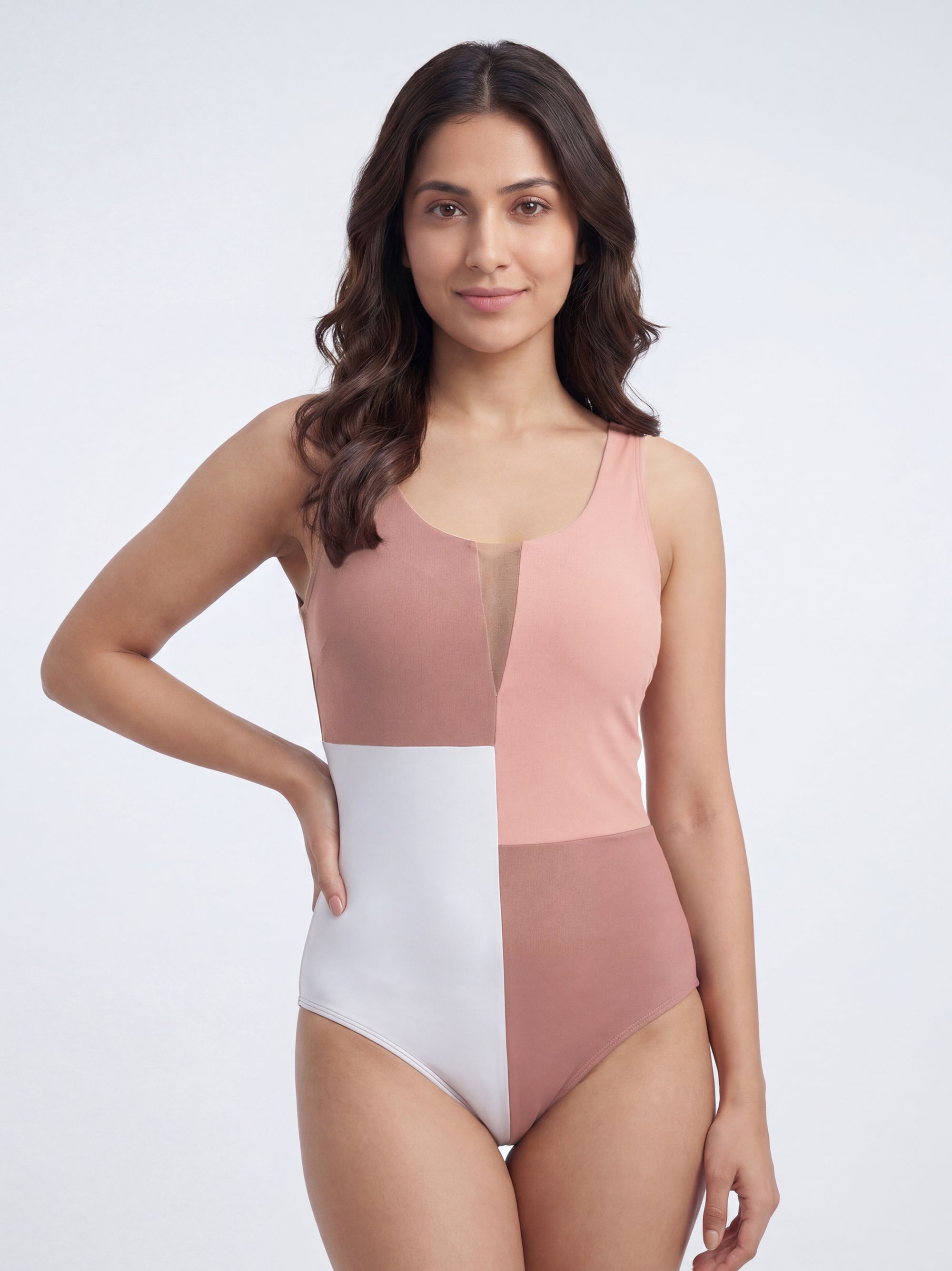 Three-Tone Mesh Front Padded Sleeveless Monokini