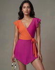 Colour Block V-Neck Skirted Swimsuit with Hot Pants