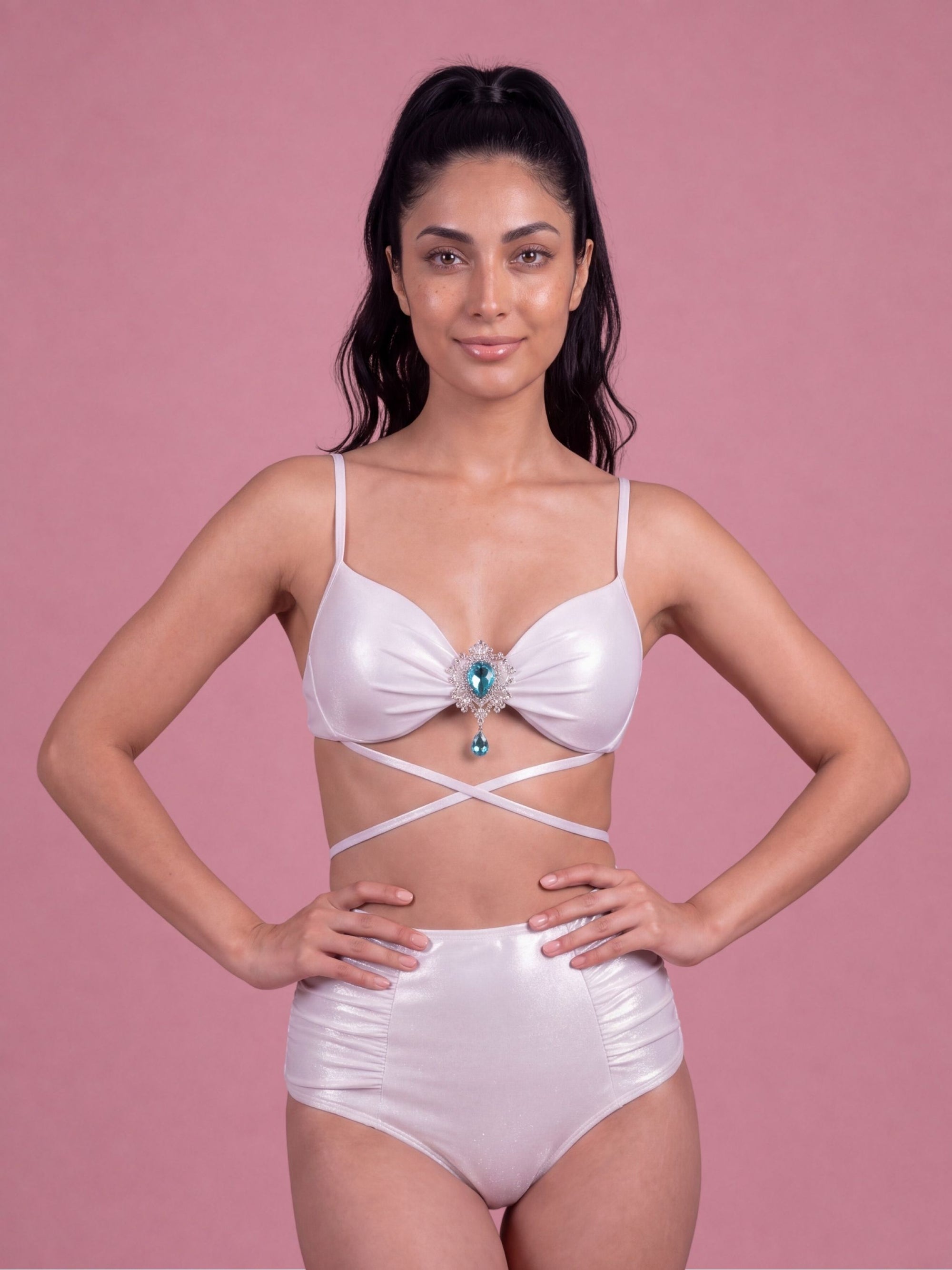 Shimmer Padded Tie-Up Bikini Set with Brooch Detail &amp; High Waist Brief