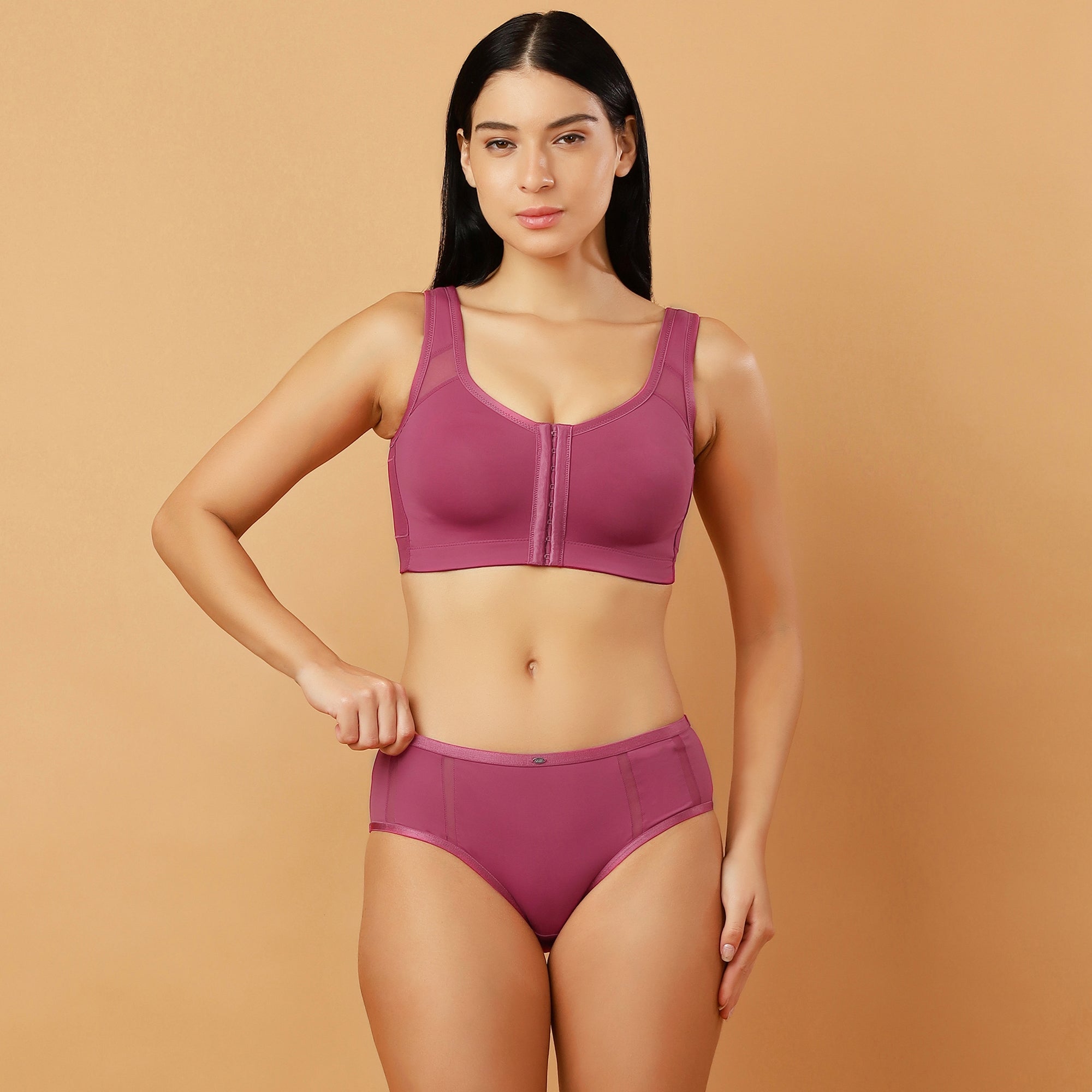 Front Closure Full Coverage Non Padded Non Wired Bra with High Waist Full Coverage Ultra Soft Mesh Panel Brief