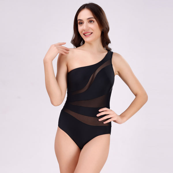 Mesh Panelled One-shoulder Removable Cups Monokini Swimsuit-AQS-8