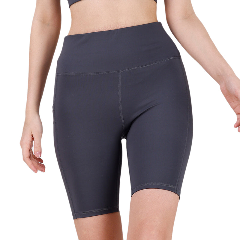 High Waist Knee Length Solid Sports Shorts With Pocket