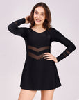 Full Sleeves V-neck Mid Thigh Length Swim Dress with Attached Shorts- AQS-9