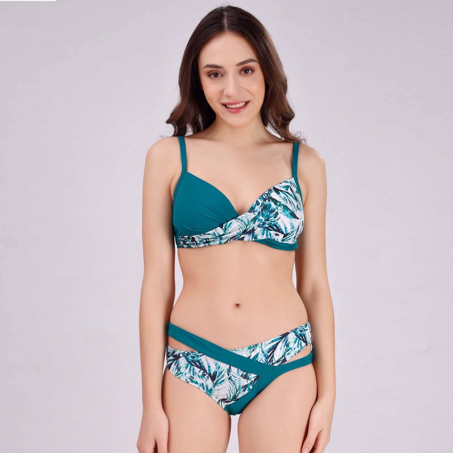 Solid and Tropical Printed Padded Bikini Bra Set