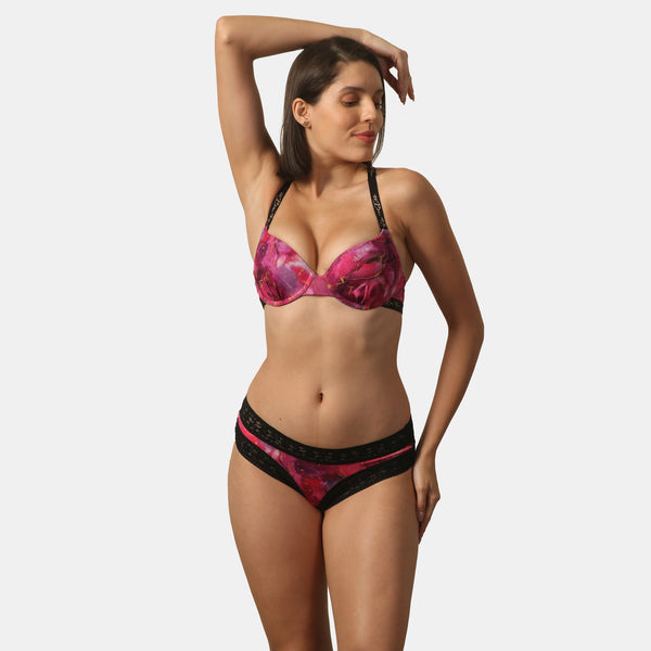 Padded Wired Medium Coverage Printed Bra with Mid Rise Lace Back Printed Cheekini Panty- SET FB-558/ FP-1558