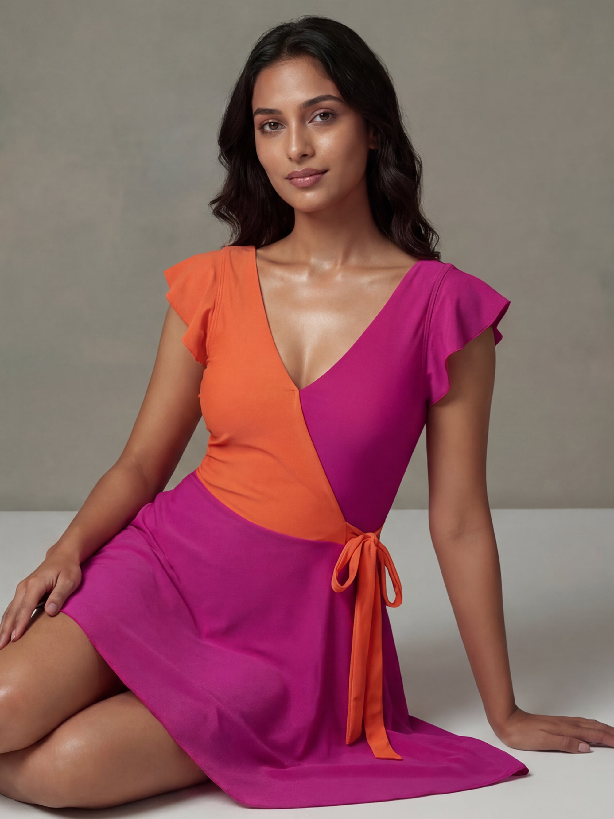 Colour Block V-Neck Skirted Swimsuit with Hot Pants