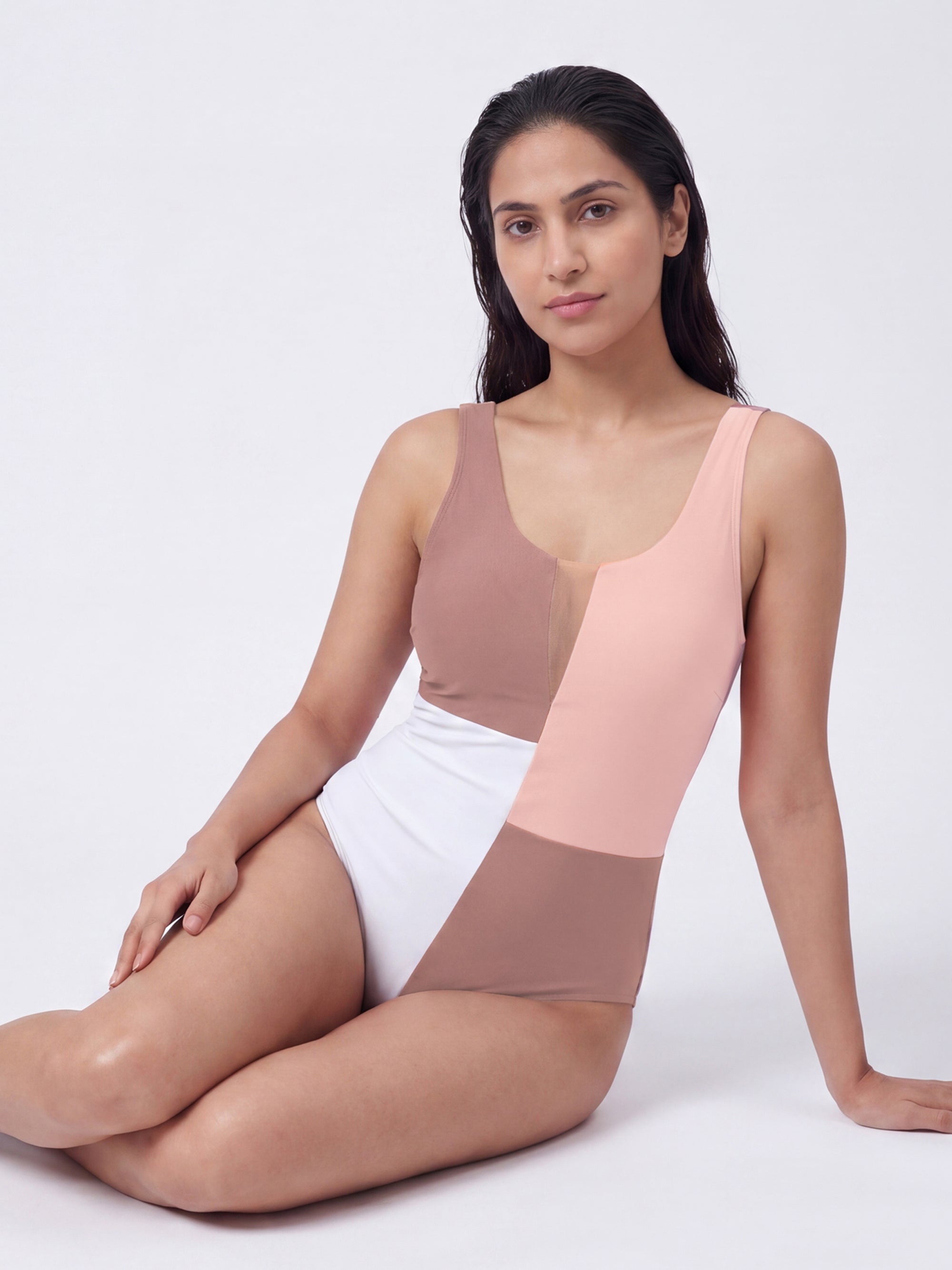 Three-Tone Mesh Front Padded Sleeveless Monokini