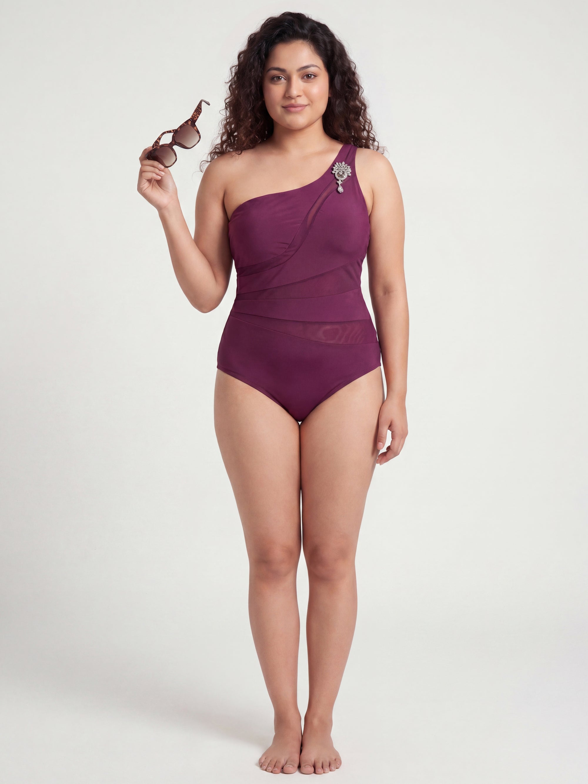 One-Shoulder Mesh Panel Monokini with Removable Padding