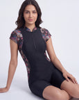 Oriental Print High-Neck Front-Zip Cap Sleeve Swimsuit