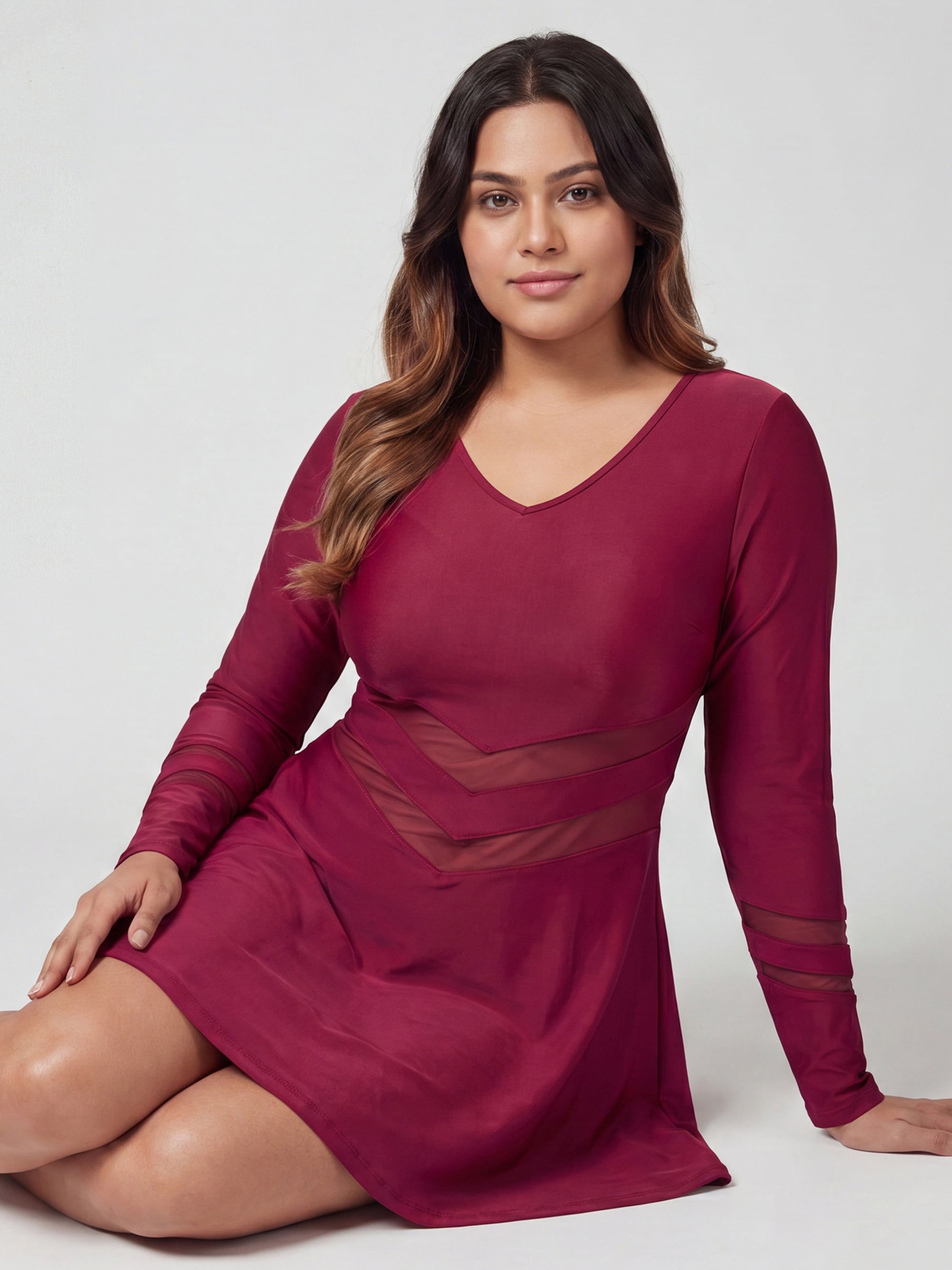 Full Sleeve Mesh Panel Swim Dress with Fixed Hot Pants