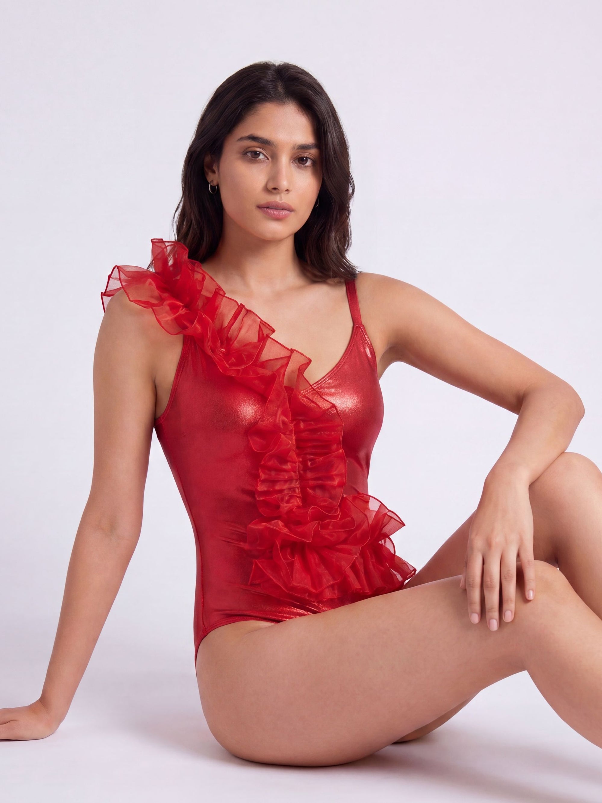 One-Shoulder Diagonal Ruffle Shimmer Monokini