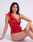 One-Shoulder Diagonal Ruffle Shimmer Monokini