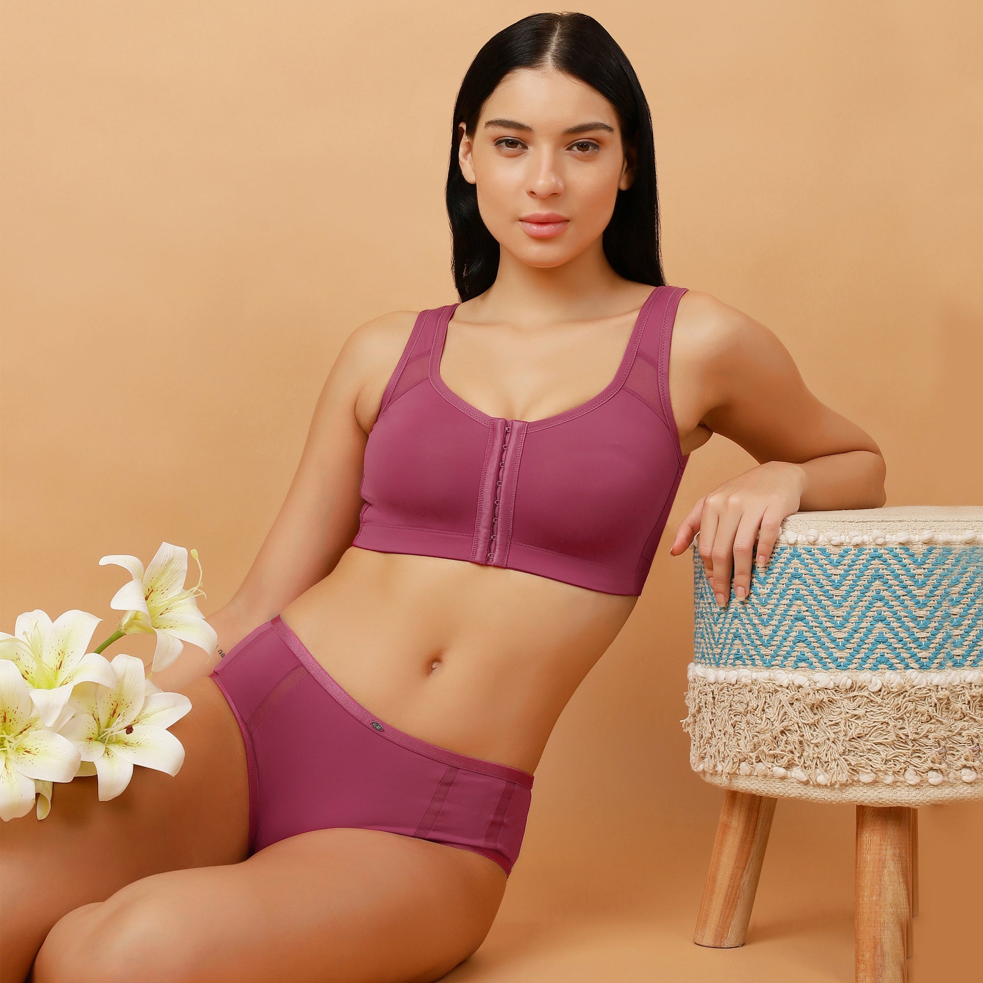 Front Closure Full Coverage Non Padded Non Wired Bra with High Waist Full Coverage Ultra Soft Mesh Panel Brief