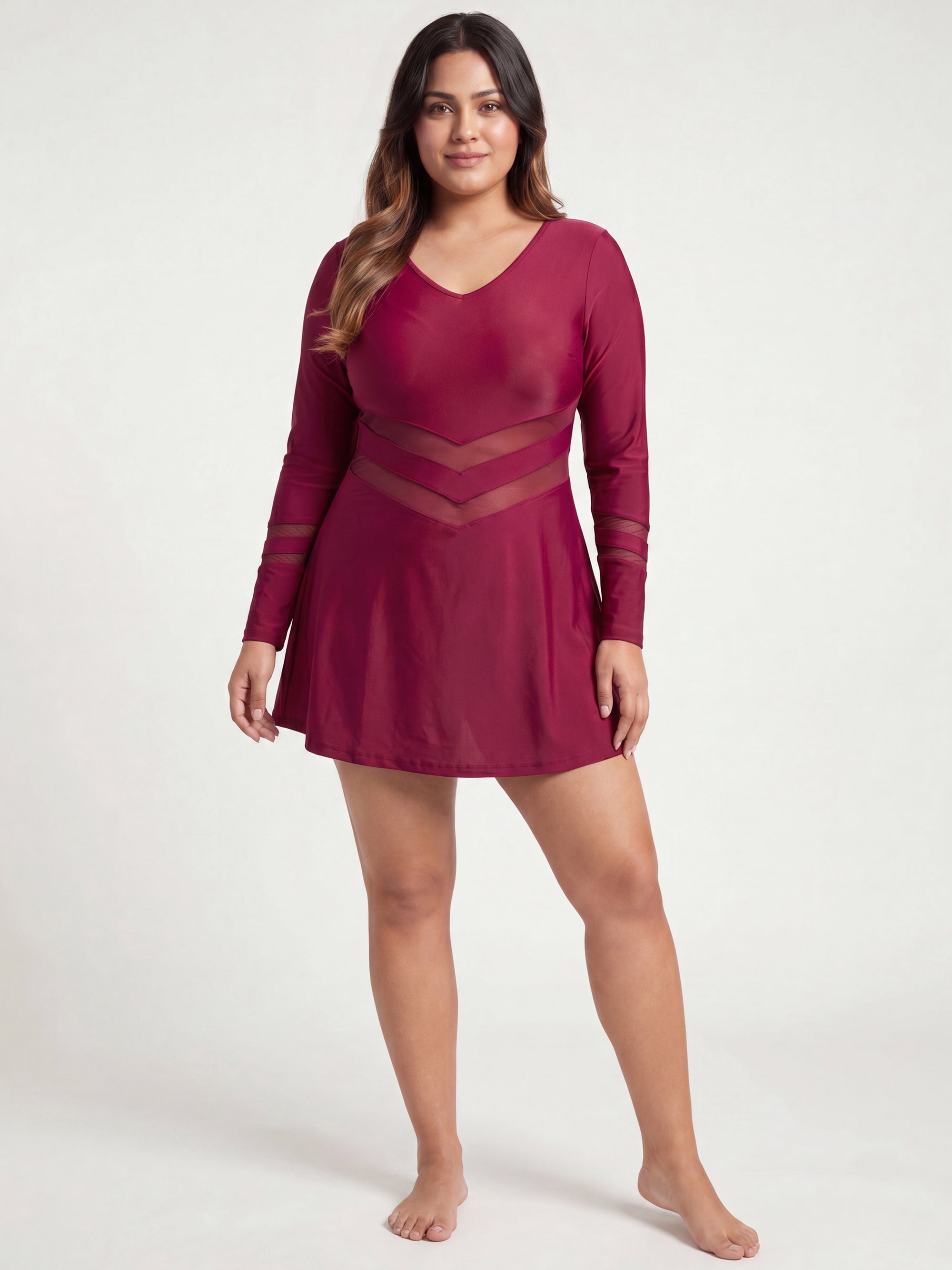 Full Sleeve Mesh Panel Swim Dress with Fixed Hot Pants