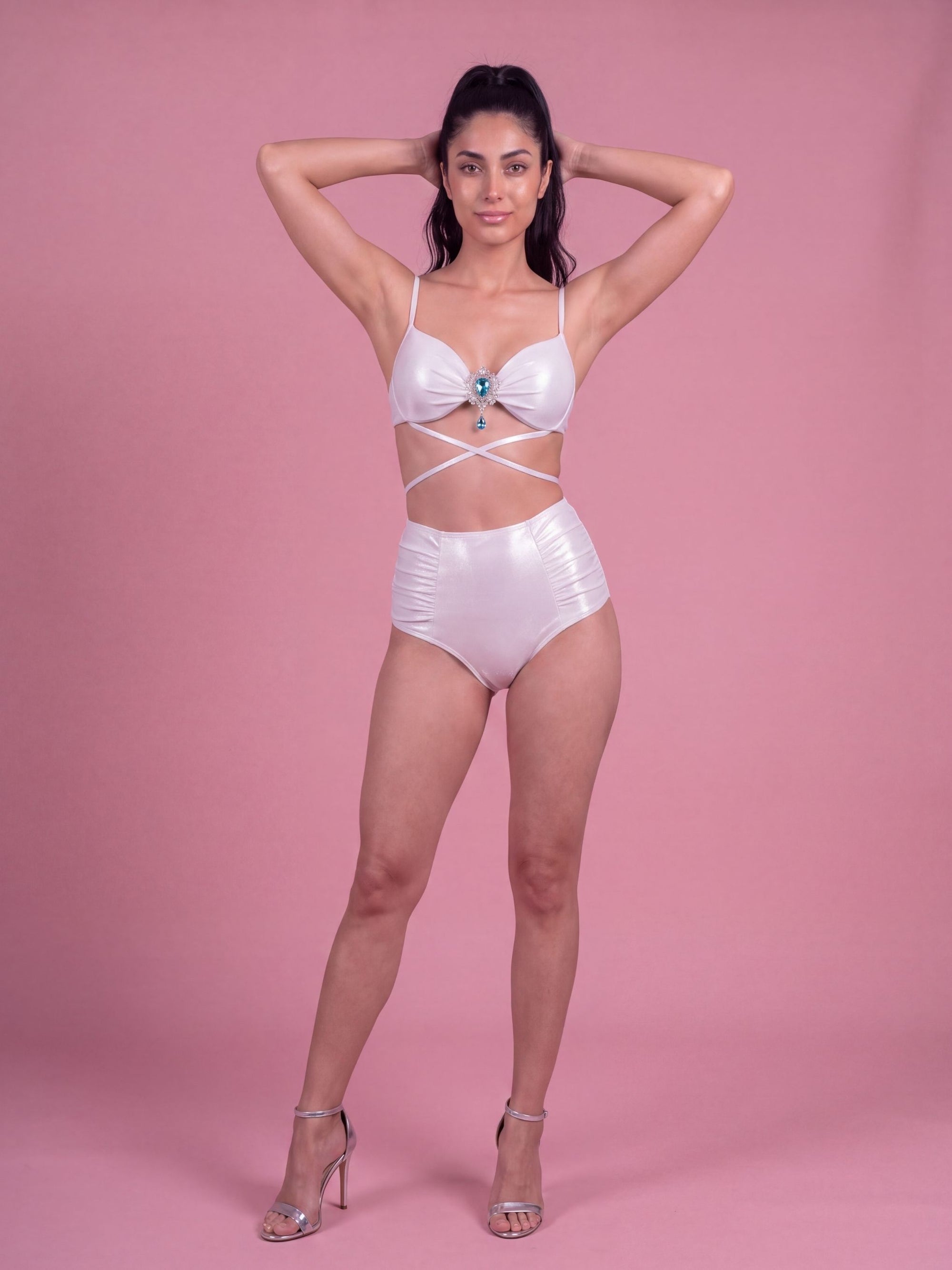 Shimmer Padded Tie-Up Bikini Set with Brooch Detail &amp; High Waist Brief