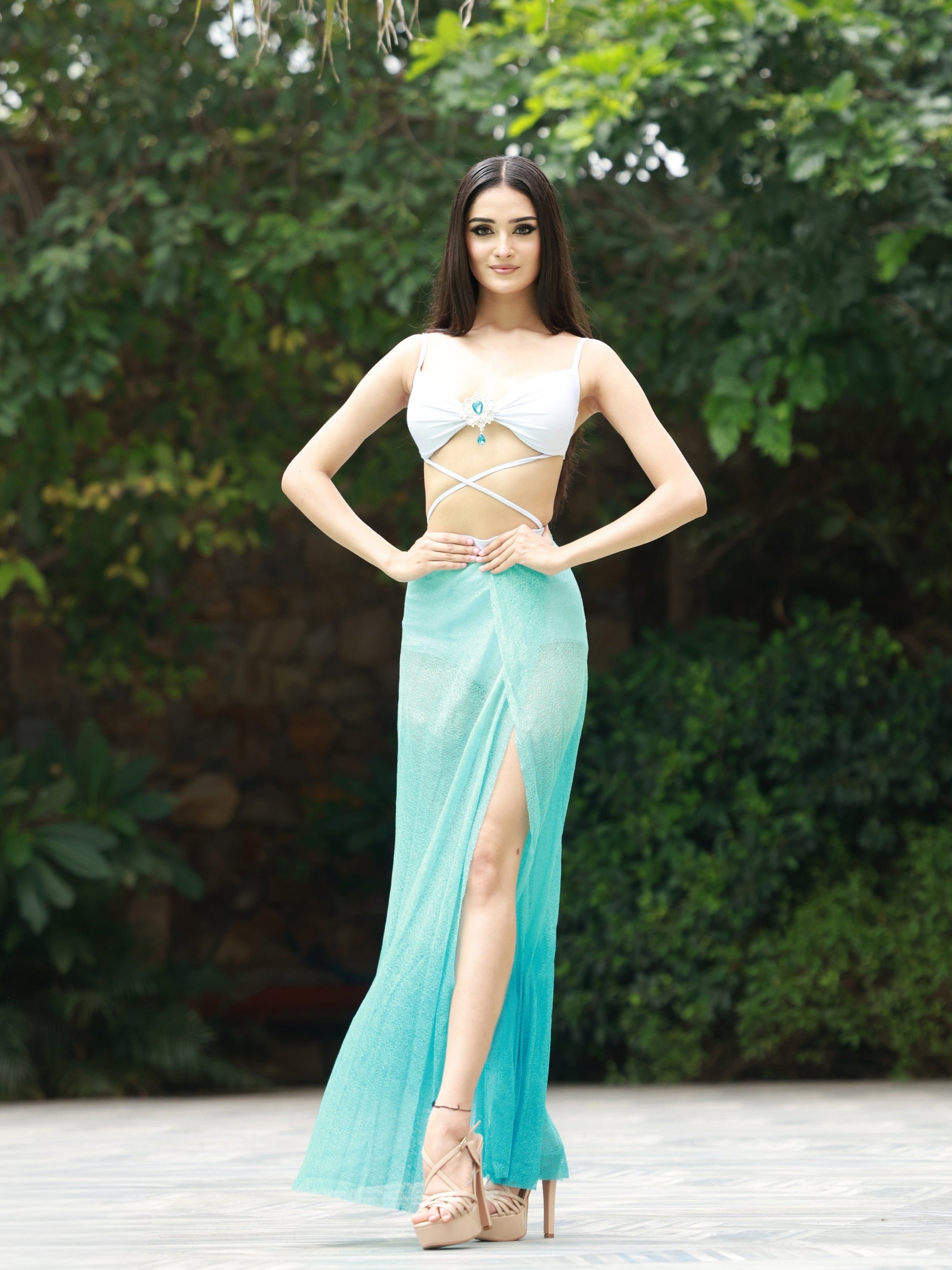 Full Length Ombre Print Overlap Skirt with Side Slit