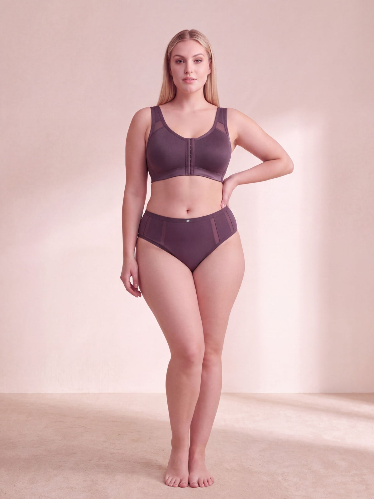 Front Closure Full Coverage Non Padded Non Wired Bra with High Waist Full Coverage Ultra Soft Mesh Panel Brief