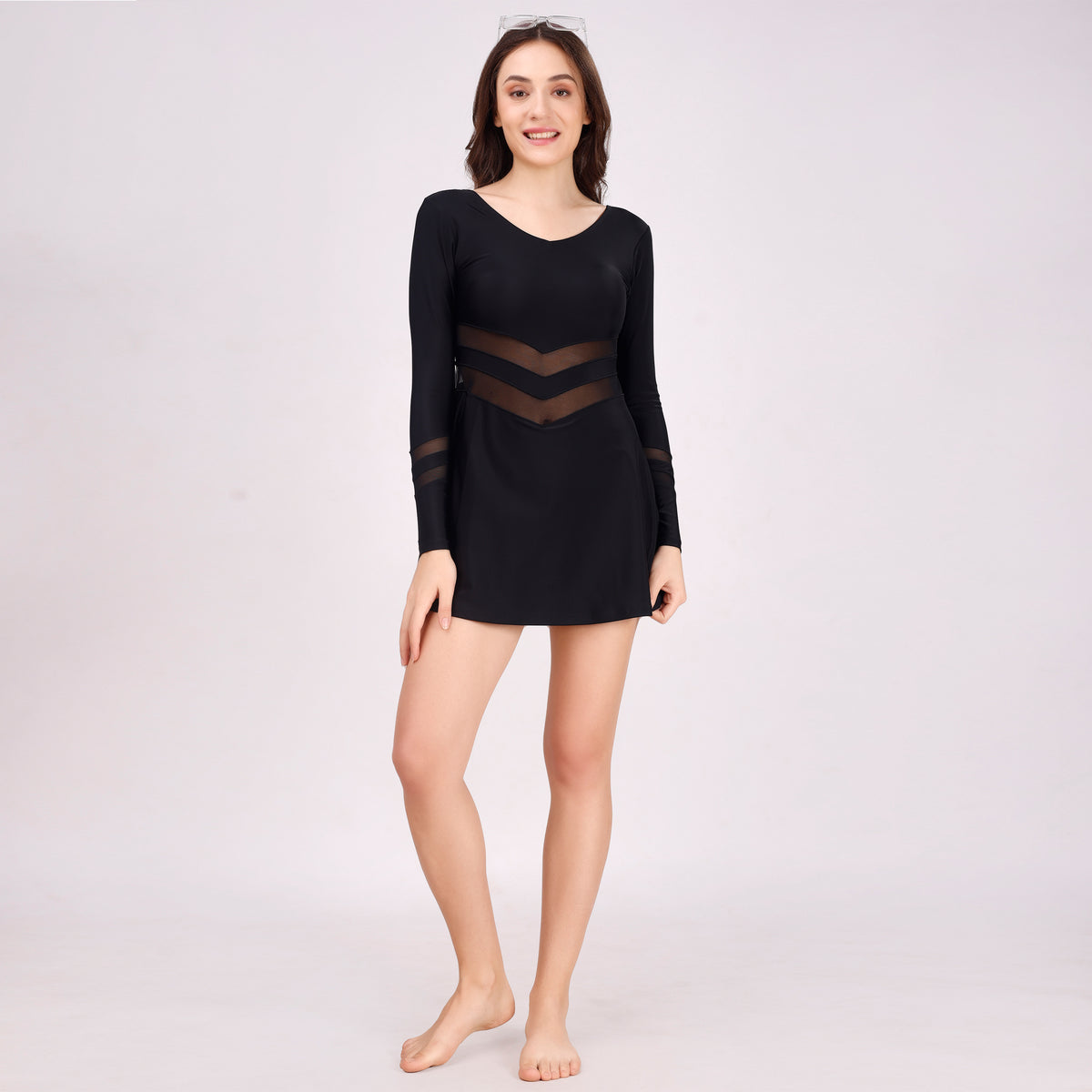 Full Sleeve Mesh Panel Swim Dress with Fixed Hot Pants