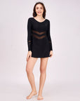 Full Sleeve Mesh Panel Swim Dress with Fixed Hot Pants