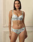 Medium Coverage Padded Non Wired Printed Bra with Mid Rise Full Coverage Printed Lacy Brief Panty SET FB-552/ FP-1552