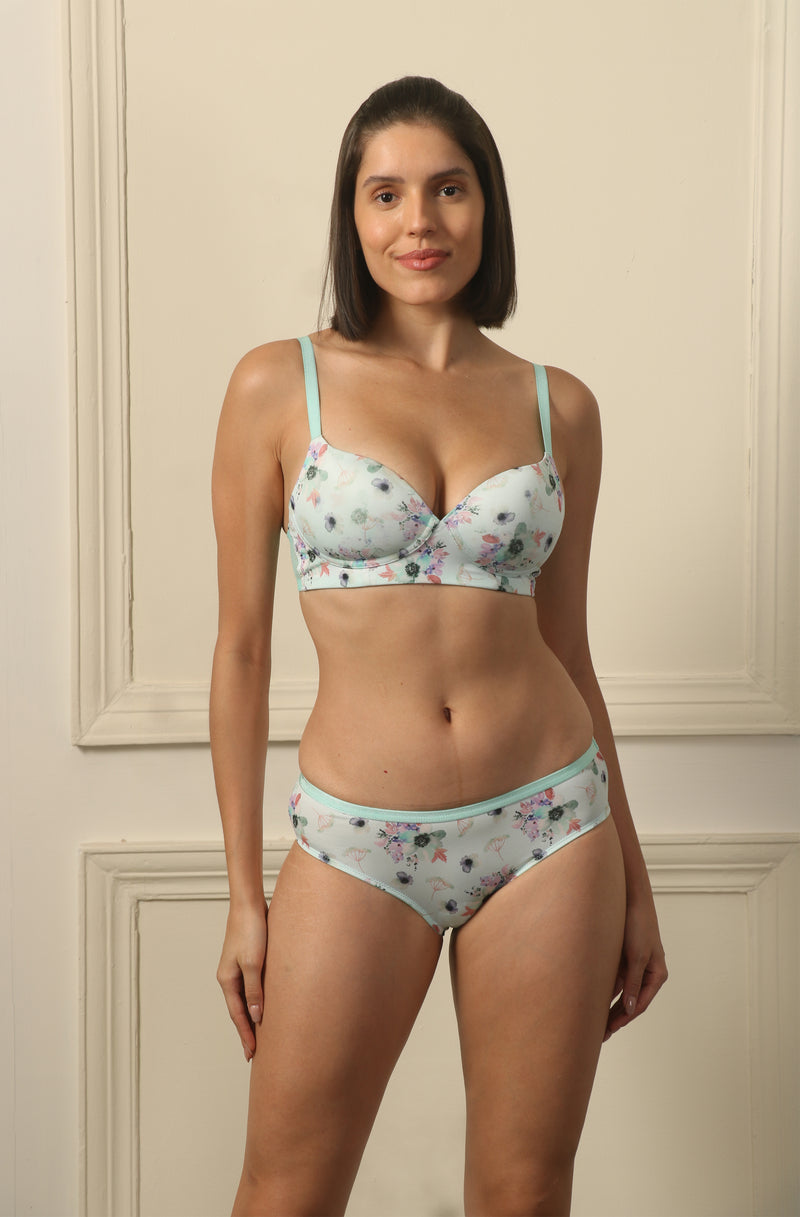 Medium Coverage Padded Non Wired Printed Bra with Mid Rise Full Coverage Printed Lacy Brief Panty SET FB-552/ FP-1552