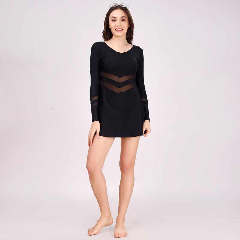 Full Sleeves V-neck Mid Thigh Length Swim Dress with Attached Shorts- AQS-9