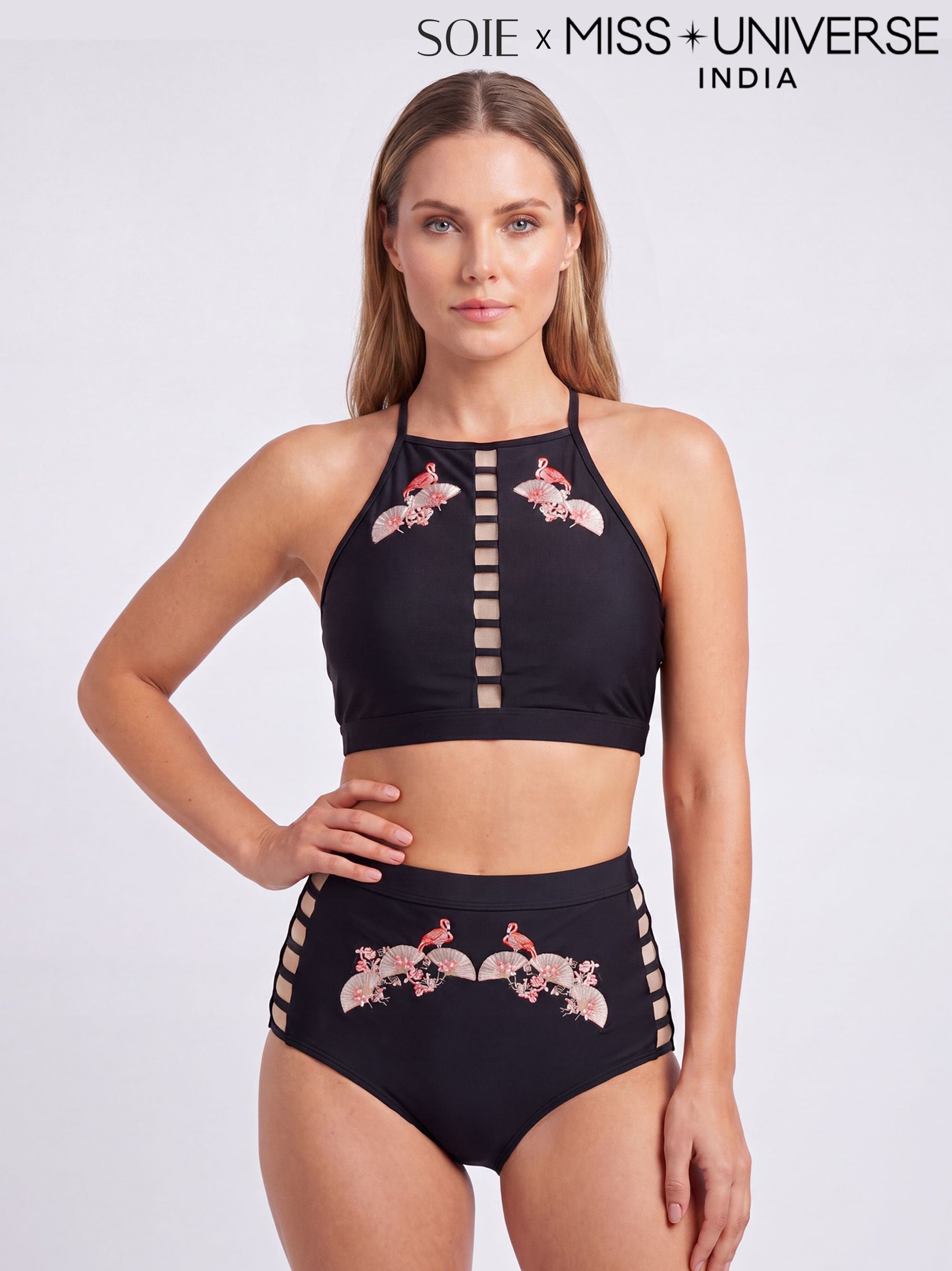 High-Neck Halter Padded Bikini Set with High Waist Brief