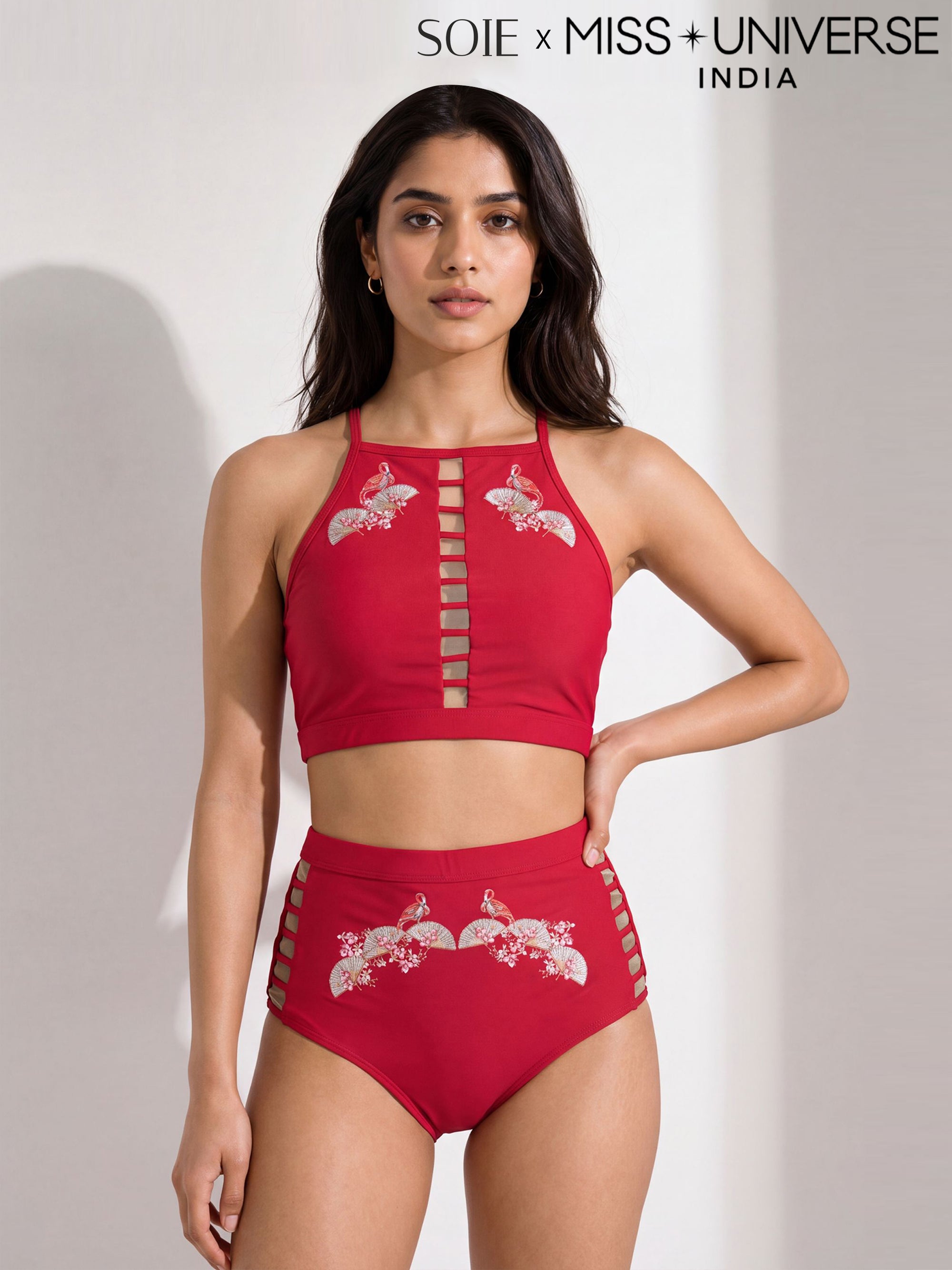 High-Neck Halter Padded Bikini Set with High Waist Brief