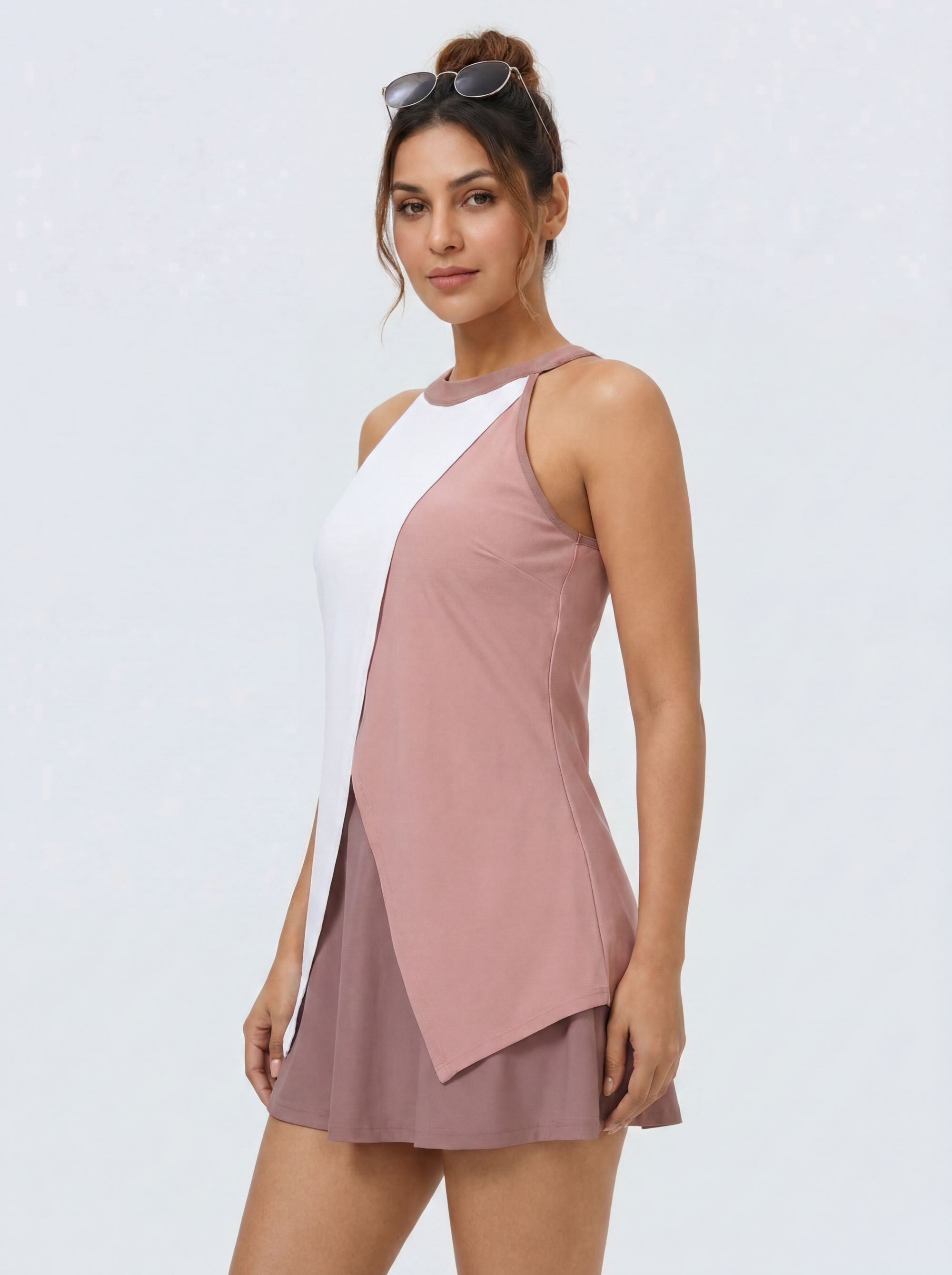 Halter Neck Colour Block Flared Swimdress with Inner Shorts