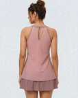 Halter Neck Colour Block Flared Swimdress with Inner Shorts