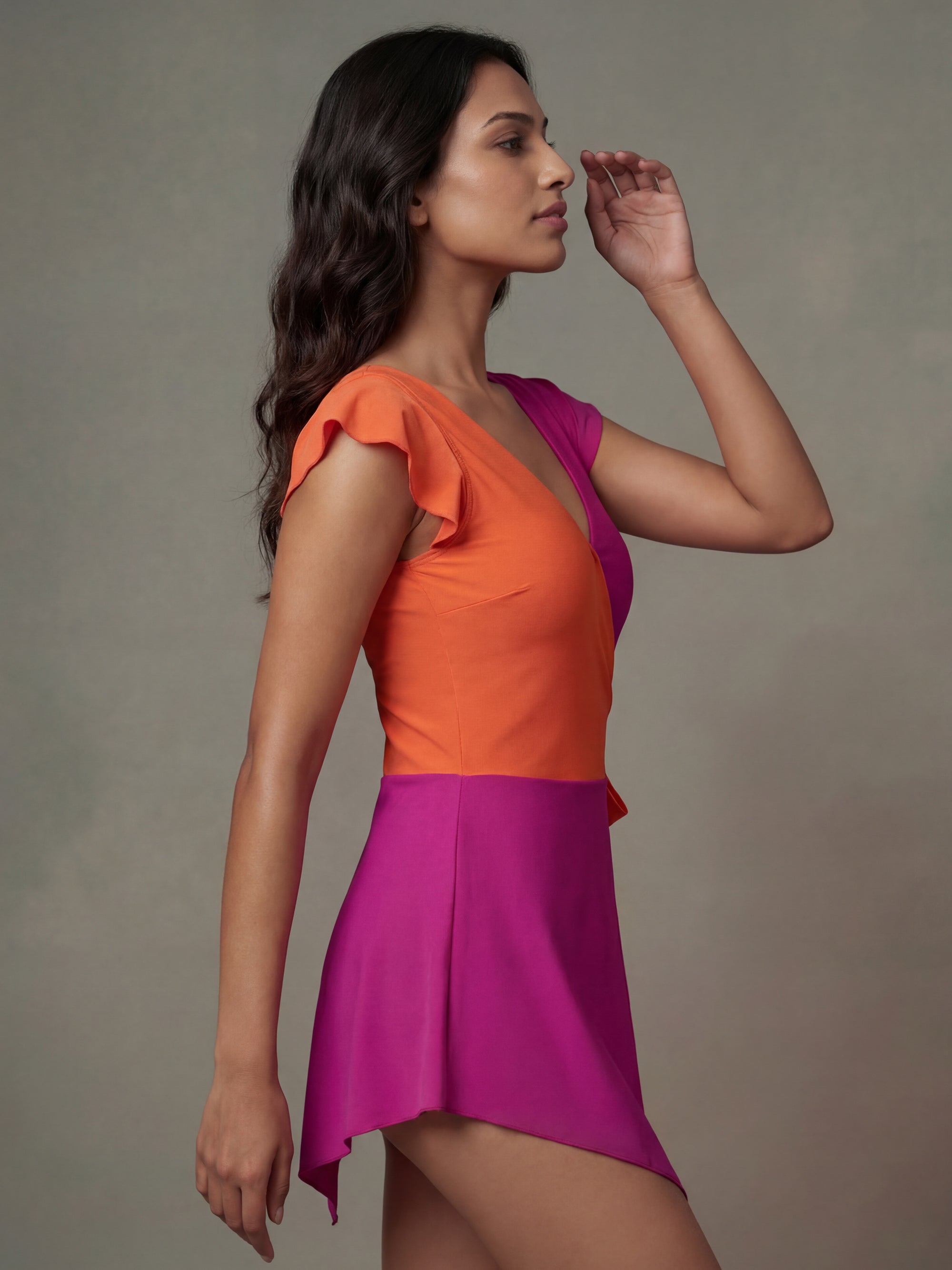 Colour Block V-Neck Skirted Swimsuit with Hot Pants