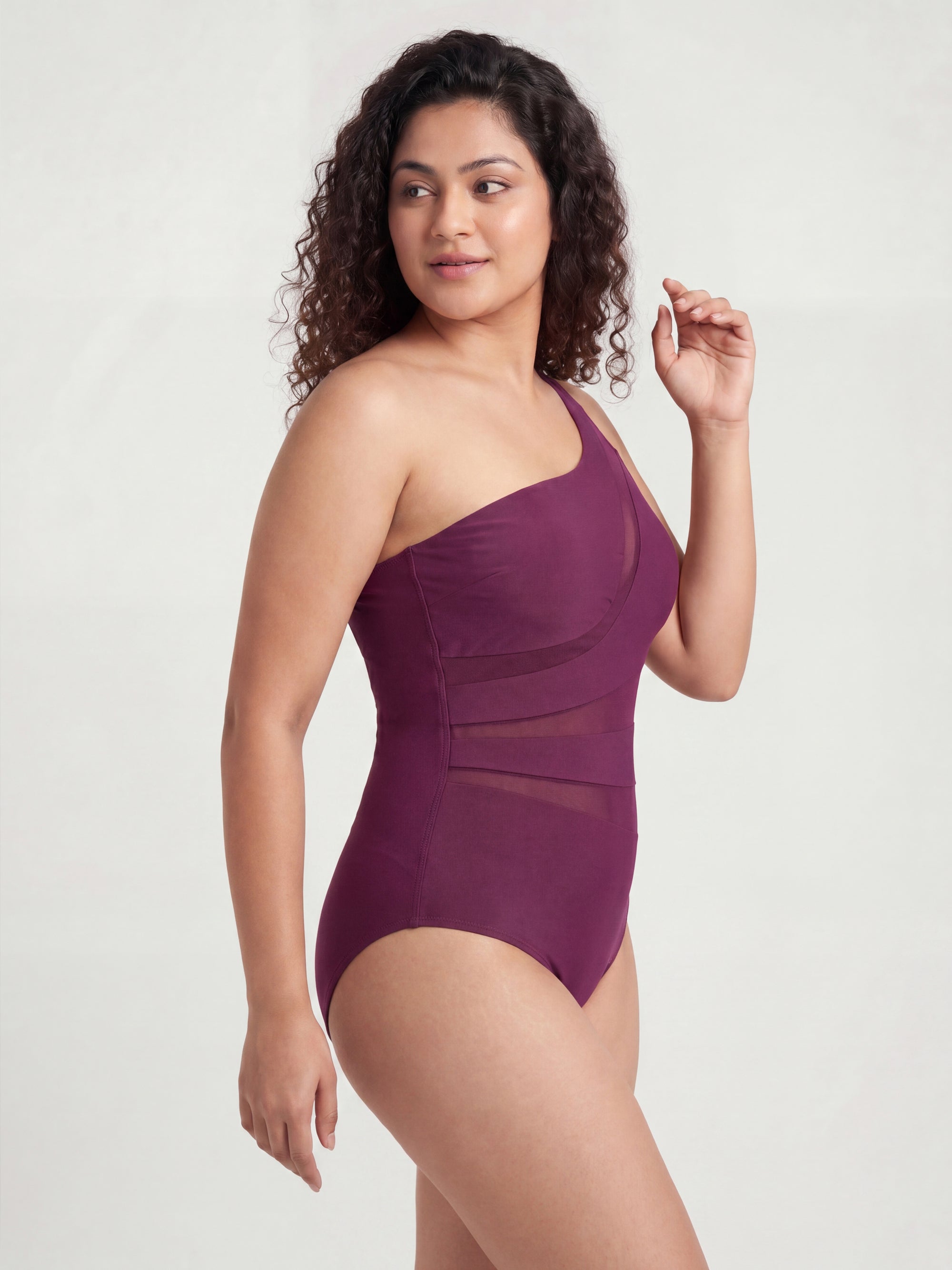 One-Shoulder Mesh Panel Monokini with Removable Padding