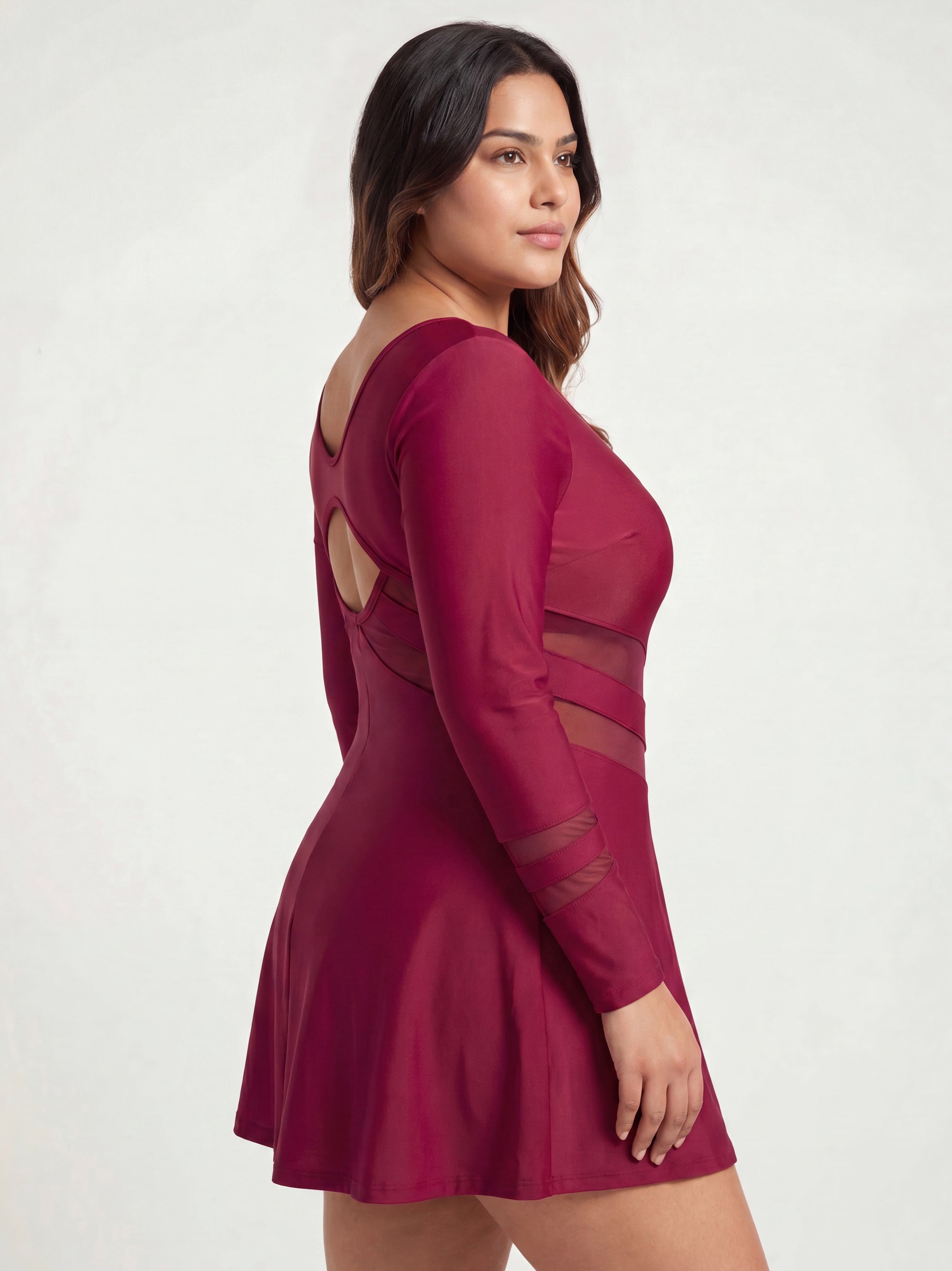 Full Sleeve Mesh Panel Swim Dress with Fixed Hot Pants