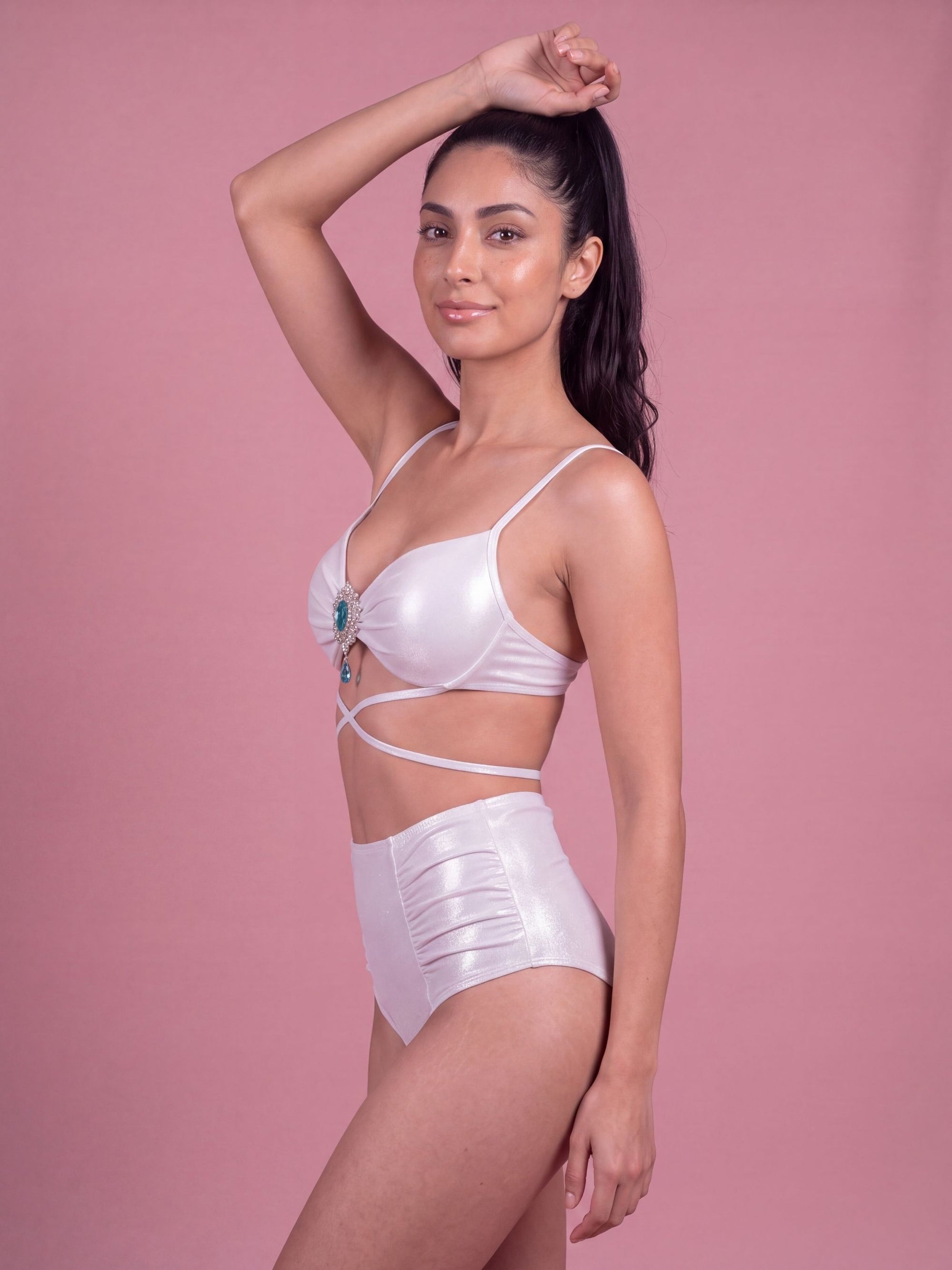 Shimmer Padded Tie-Up Bikini Set with Brooch Detail &amp; High Waist Brief
