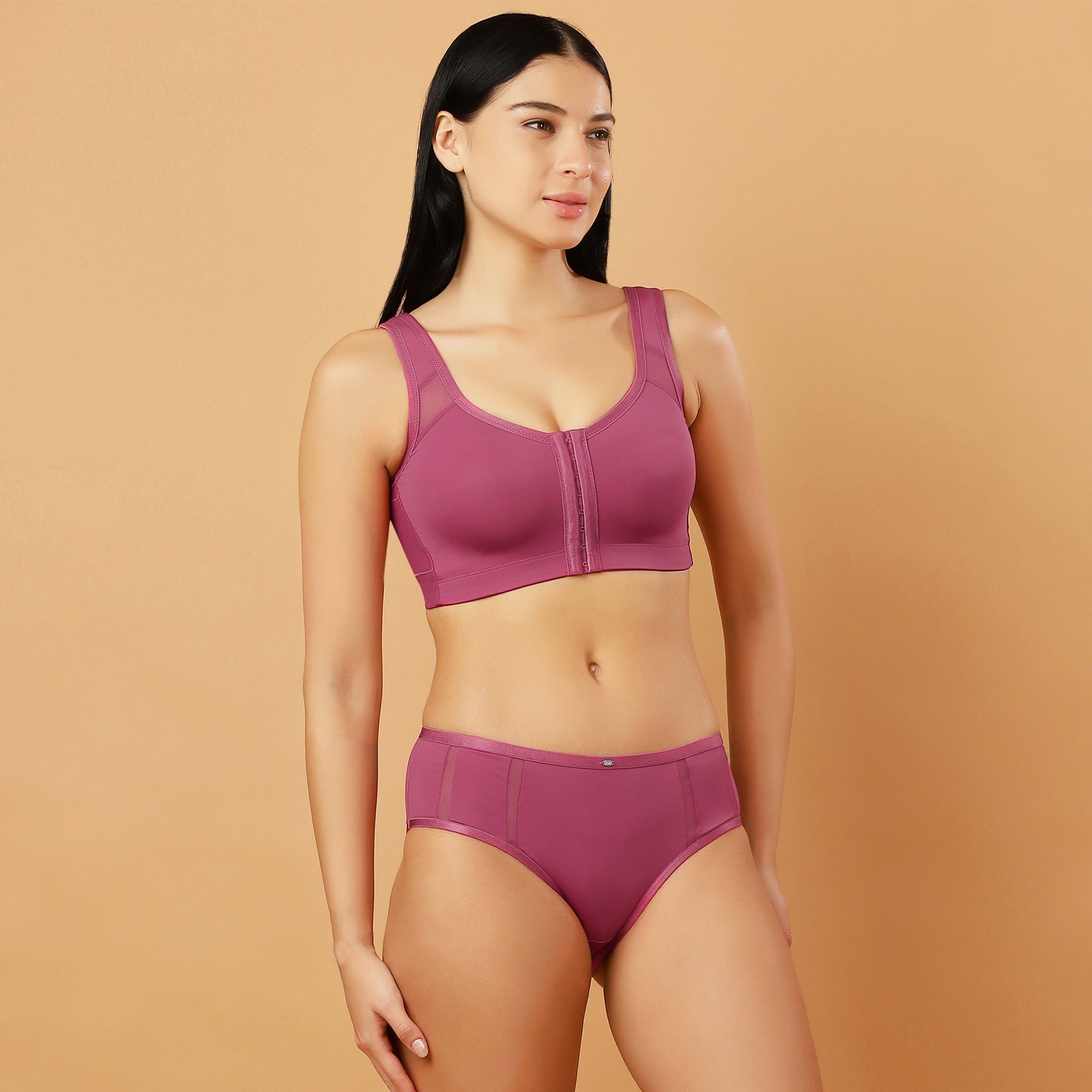 Front Closure Full Coverage Non Padded Non Wired Bra with High Waist Full Coverage Ultra Soft Mesh Panel Brief