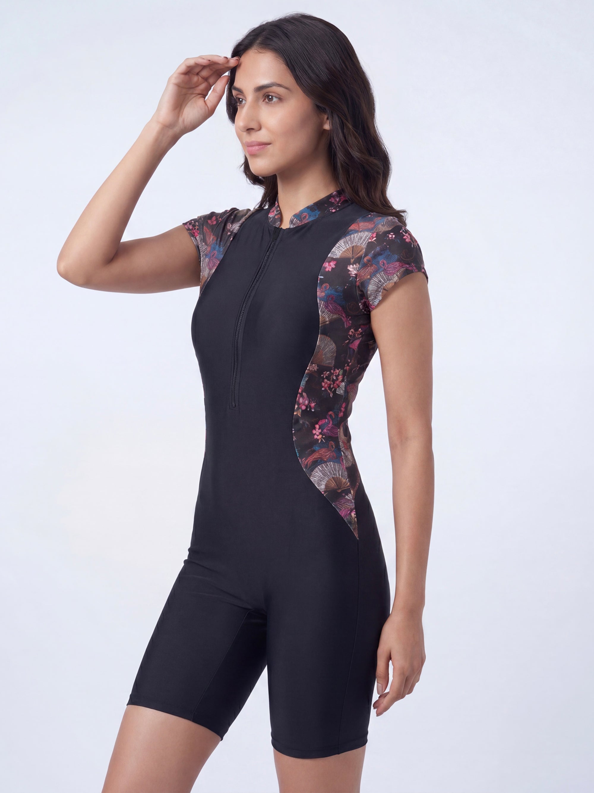 Oriental Print High-Neck Front-Zip Cap Sleeve Swimsuit