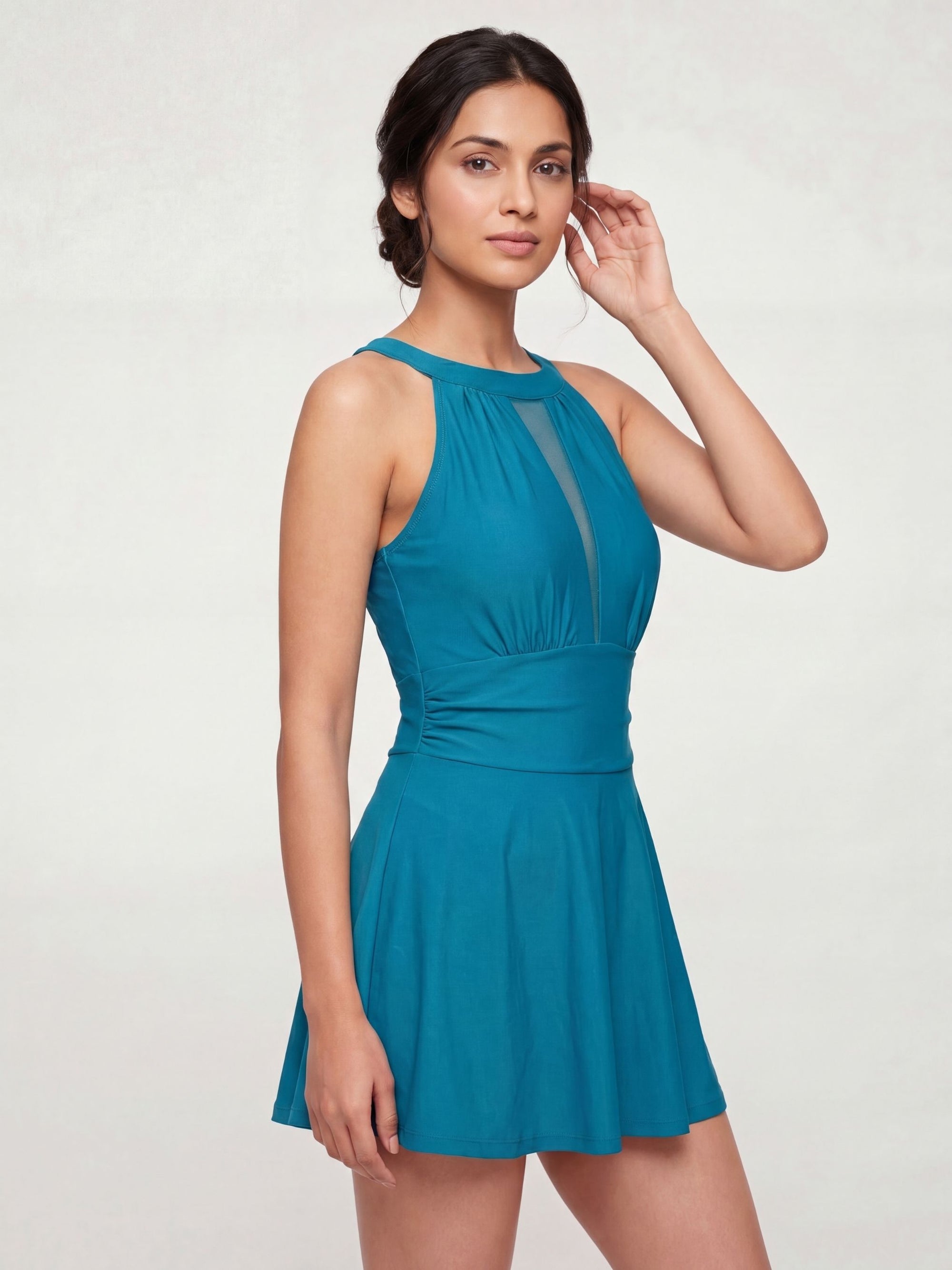 Mesh Detail Removable Pad Swim Dress with Shorts
