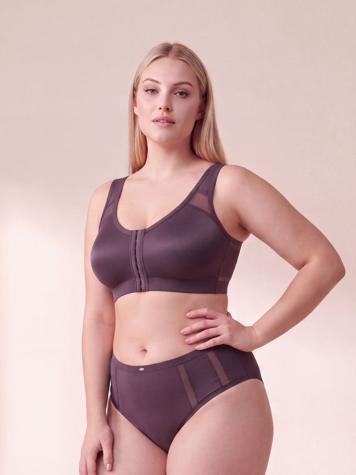 Front Closure Full Coverage Non Padded Non Wired Bra with High Waist Full Coverage Ultra Soft Mesh Panel Brief
