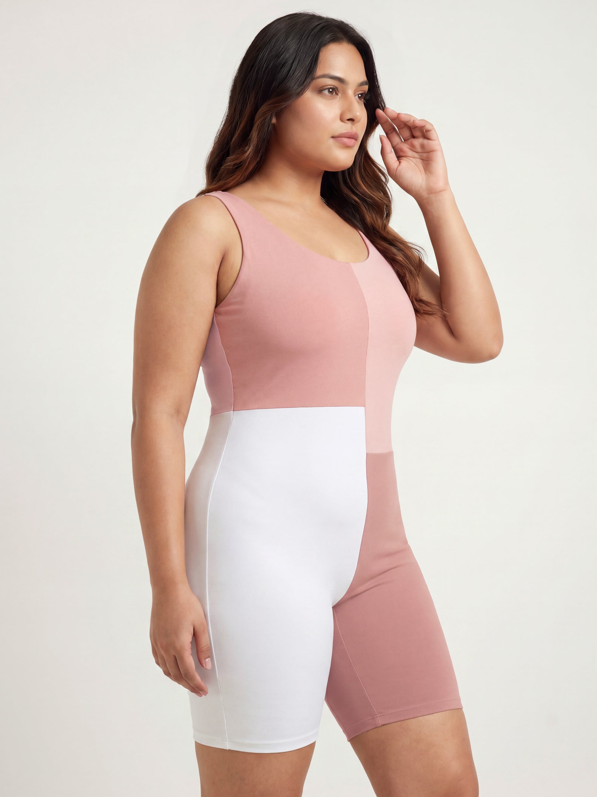 Three-Tone Padded Above-Knee Colour Block Swimsuit